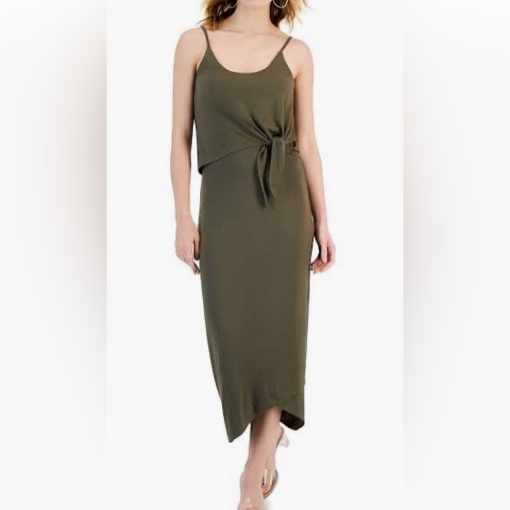 INC International Concepts Olive Green Midi Slip Dress with Front Tie